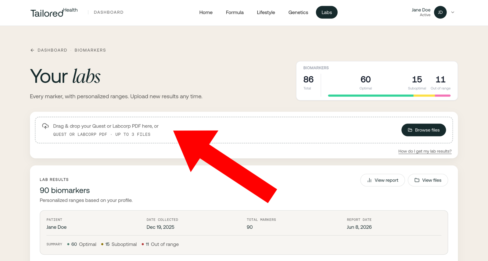 Drag and drop your lab PDF into the TailoredHealth upload area